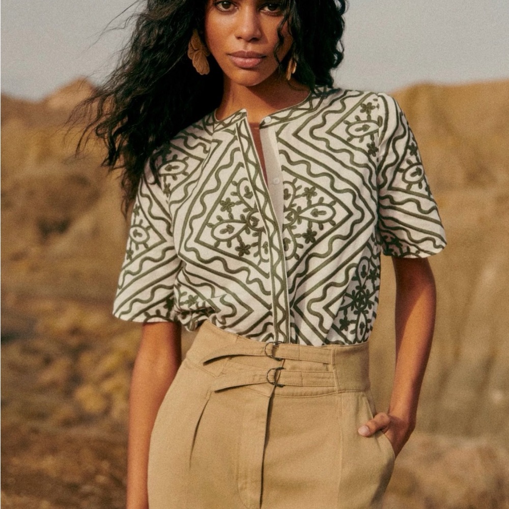 Sezane LUVIA Olive and Cream Geometric embroidered Blouse size 36